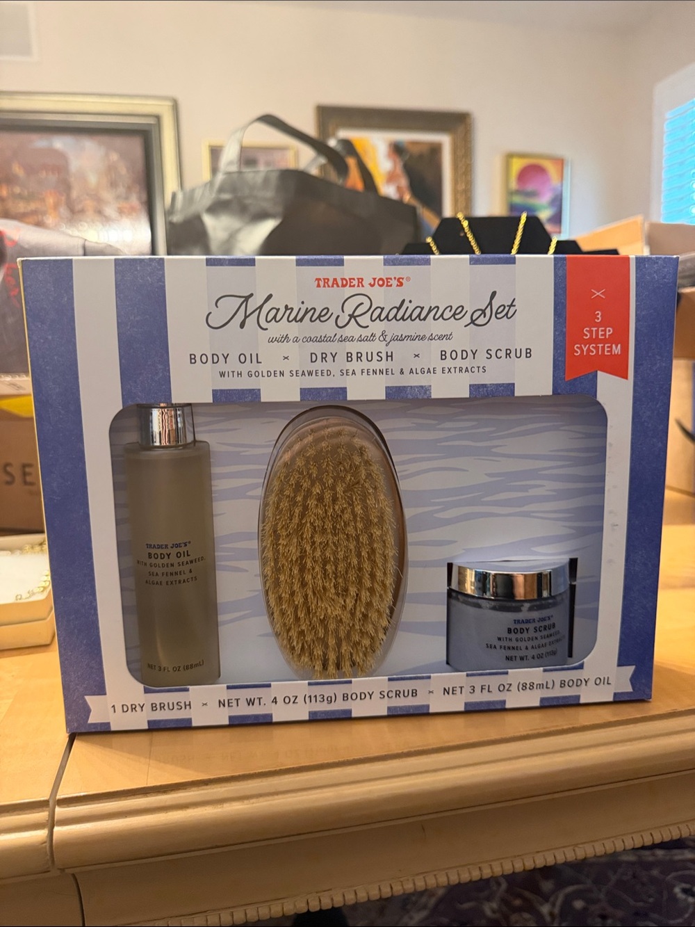 New Trader Joe's Marine Radiance Set Lot Body Oil & Body Scrub Dry Brush Seaweed